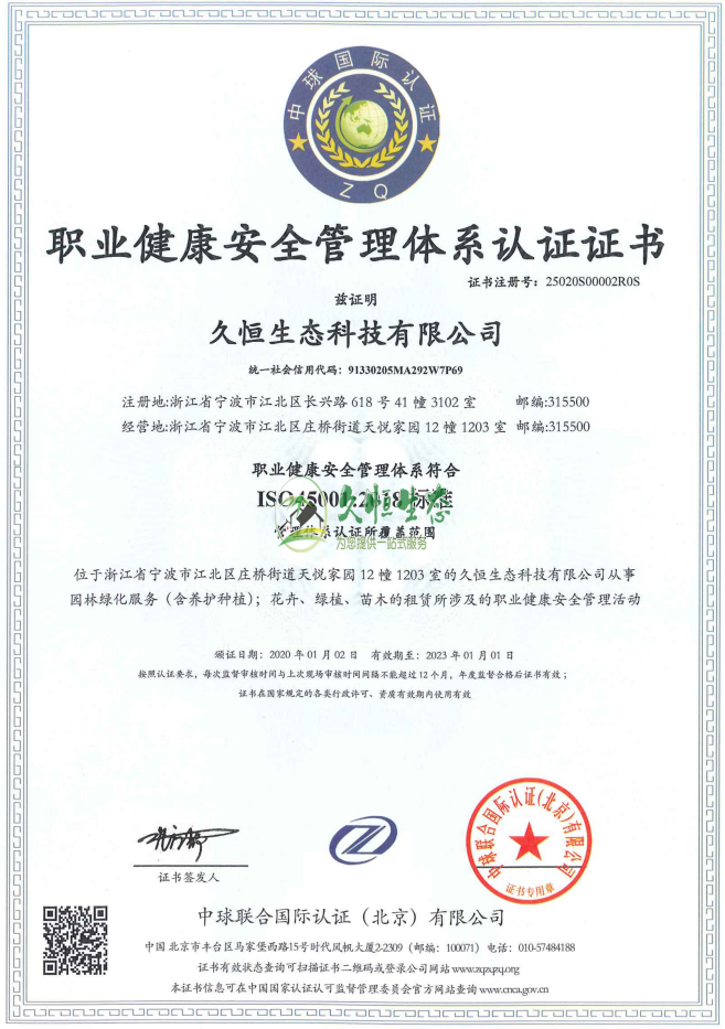 平湖职业健康安全管理体系ISO45001证书
